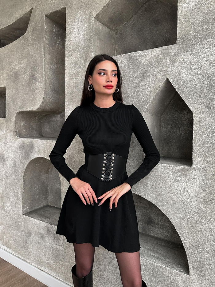 Siyah Kloş Fitilli Mini Elbise