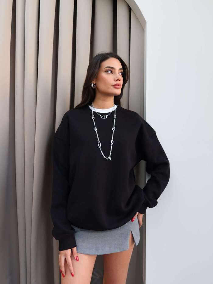 Siyah Oversize Şardonlu Sweatshirt