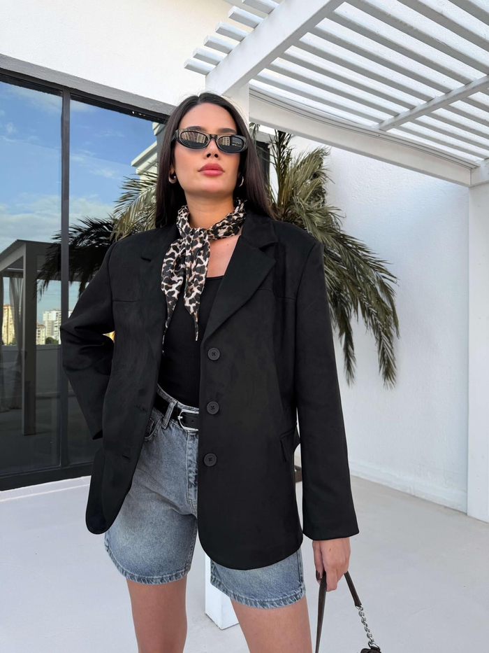 Siyah Oversize Süet Blazer Ceket