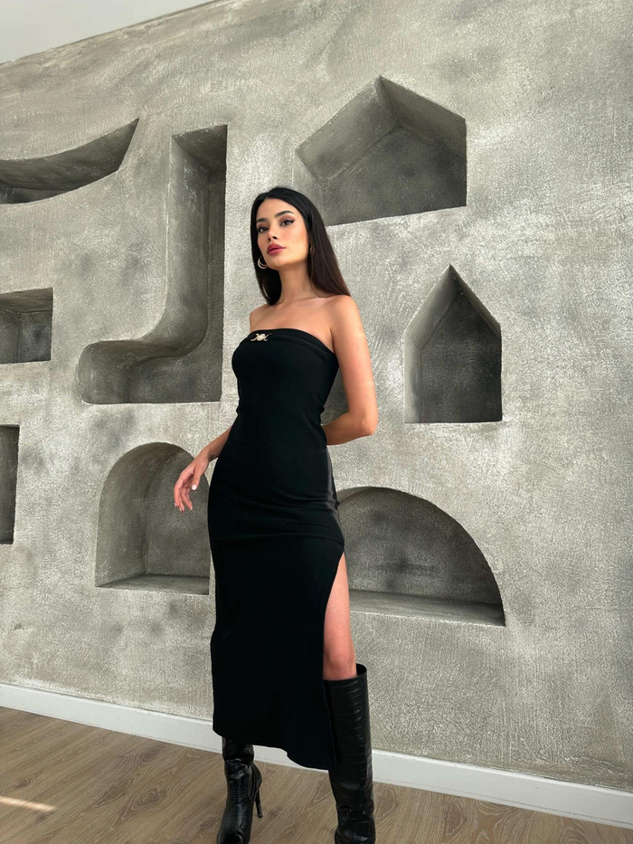 Siyah Strapless Yırtmaçlı Elbise