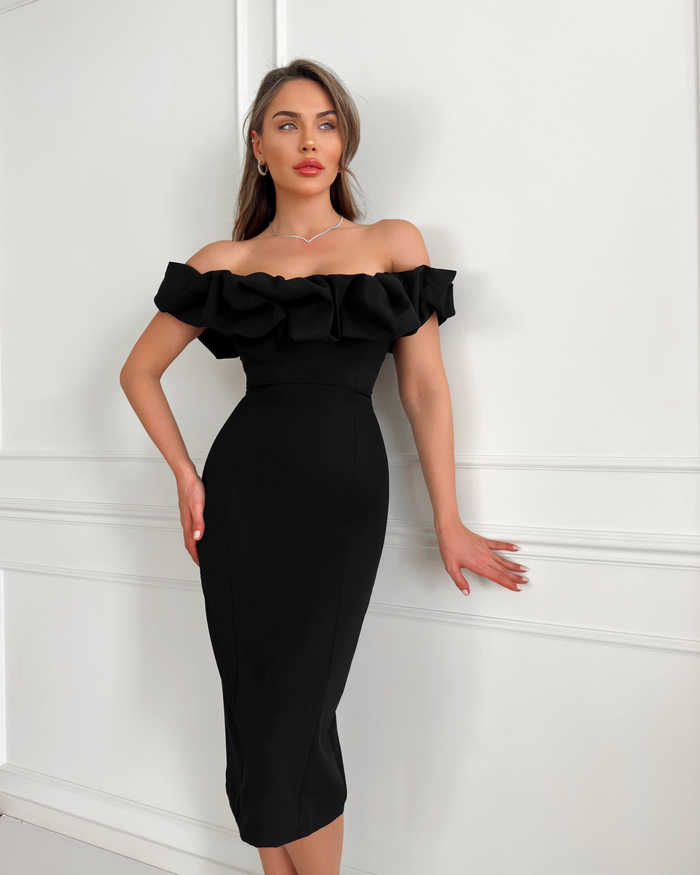 Siyah Yaka Frilly Fitted Elbise