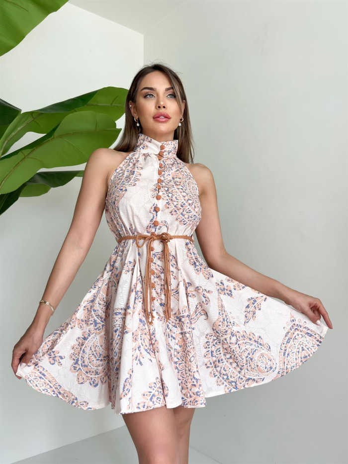 Somon Desenli Halter Yaka Elbise