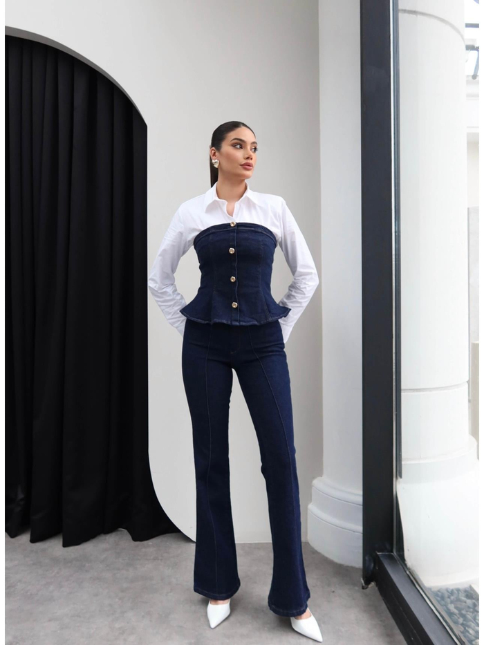 Straplez Denim İkili Takım