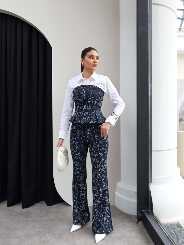 Straplez Taşlı Denim İkili Takım