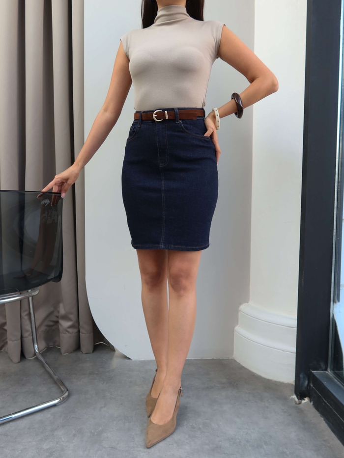 Süet Kemerli Denim Etek