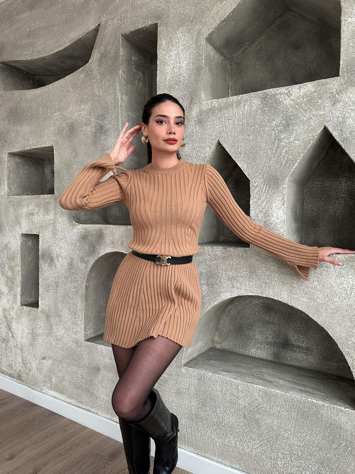 Sütlü Kahve Fitilli Mini Elbise
