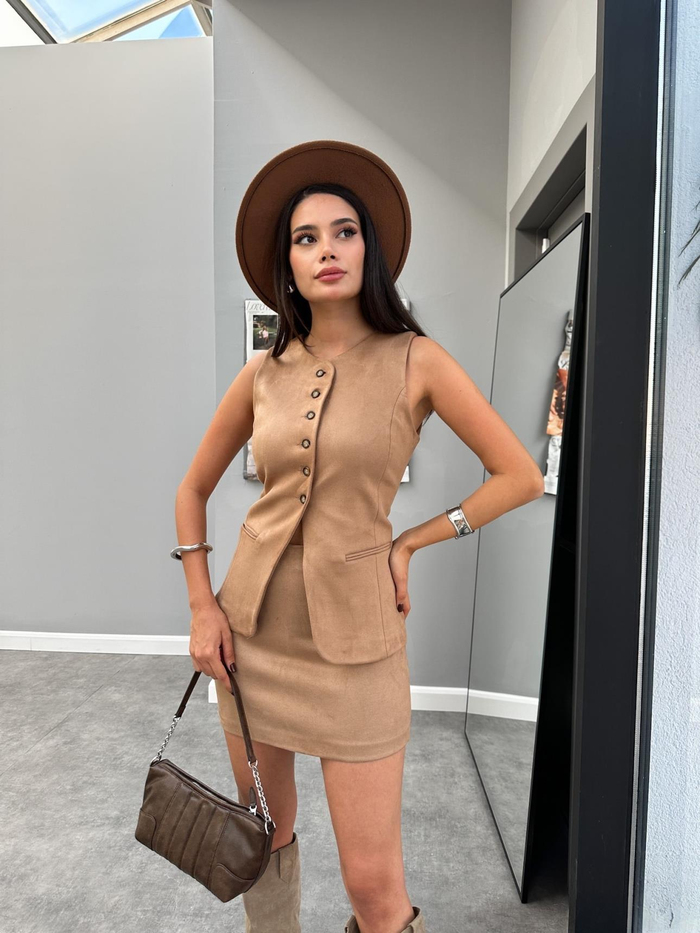 Sütlü Kahve Süet Dublin Yelek