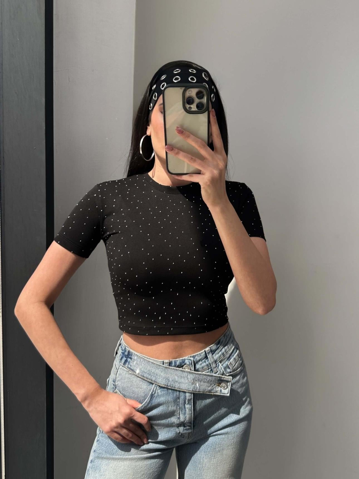 Taş Baskılı Crop Tshirt