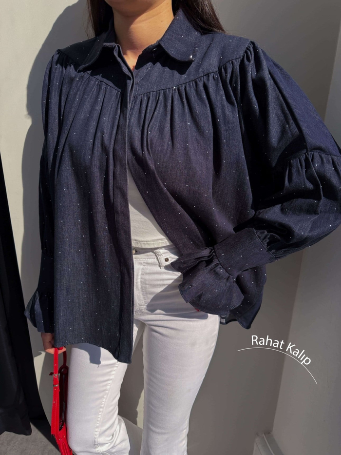 Taş Baskılı Denim Gömlek