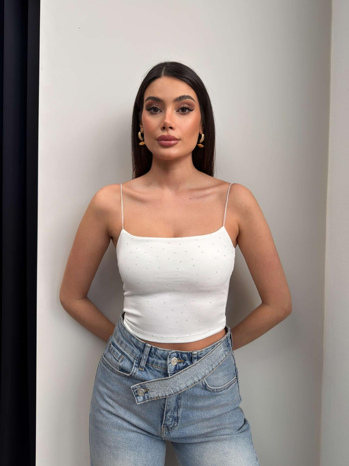 Taş Baskılı İnce Askılı Crop
