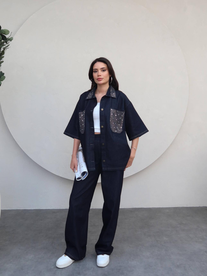 Taş Cep Detaylı Denim Takım