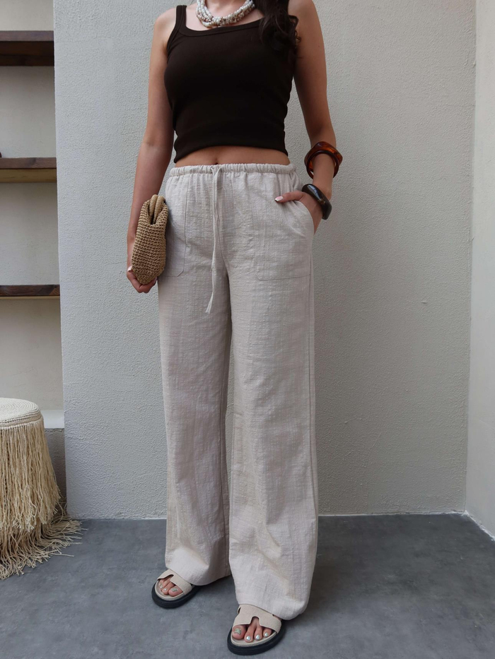 Taş Keten Kordonlu Pantolon