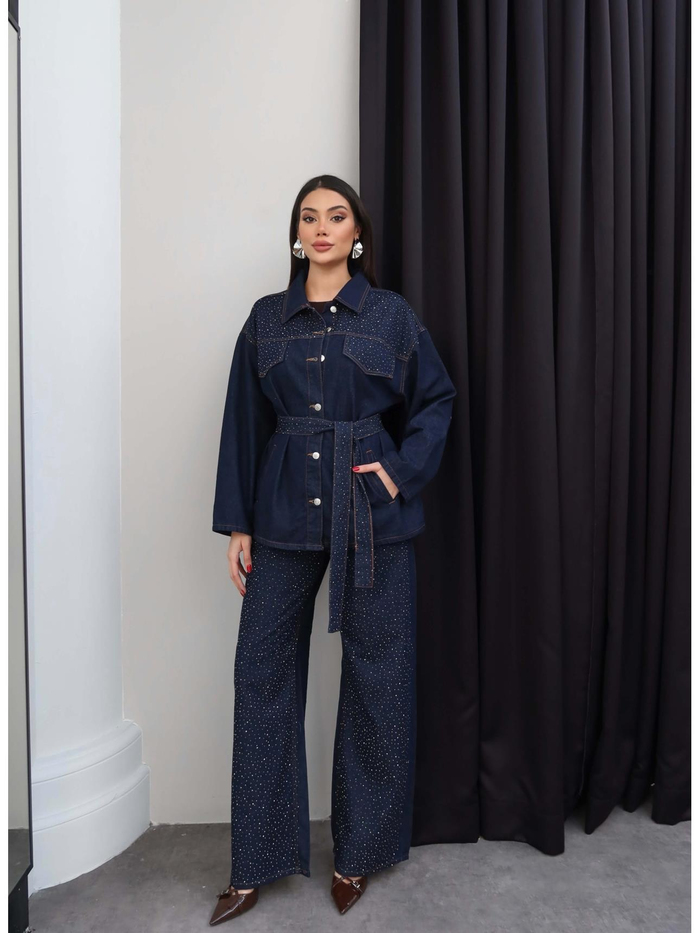 Taşlı Yan Cepli Kuşaklı Denim Takım