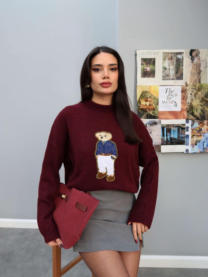 Teddy Bear İşlemeli Triko Kazak