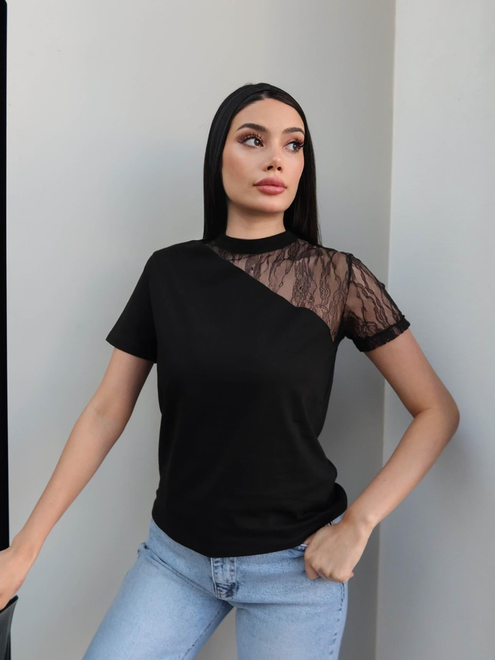 Tek Omuz Dantel Tshirt