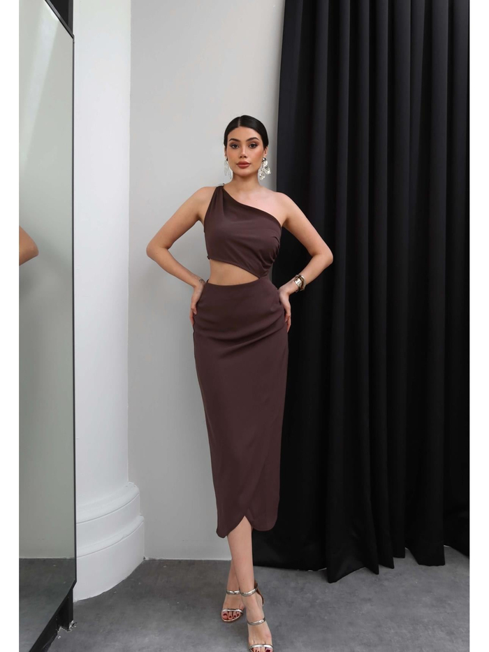 Tek Omuz Dekolteli Midi Elbise