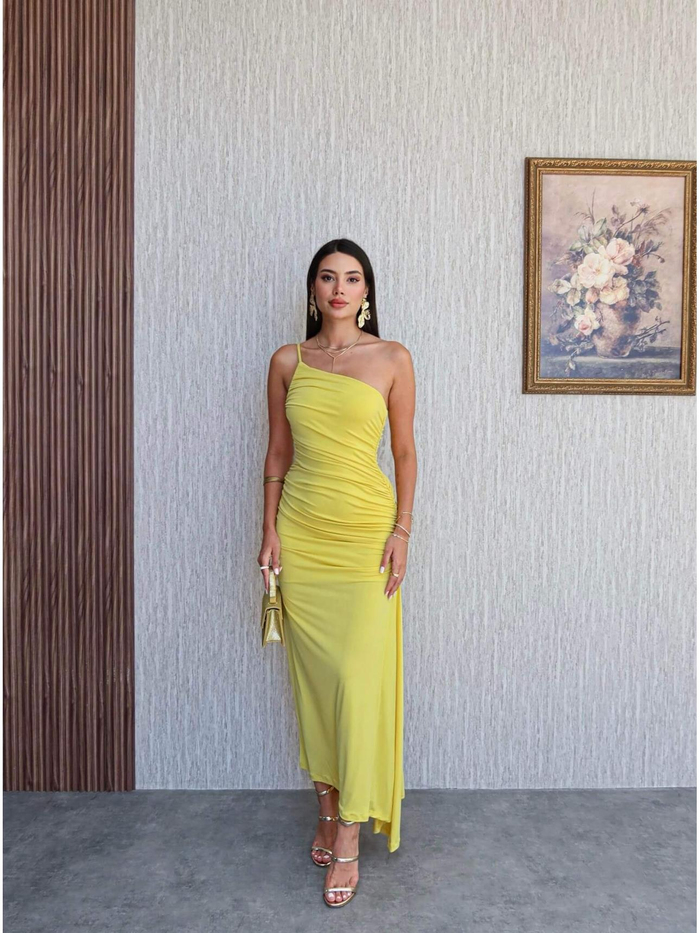 Tek Omuz İp Askı Büzgülü Elbise