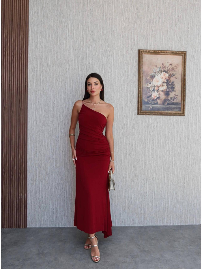 Tek Omuz İp Askı Büzgülü Elbise