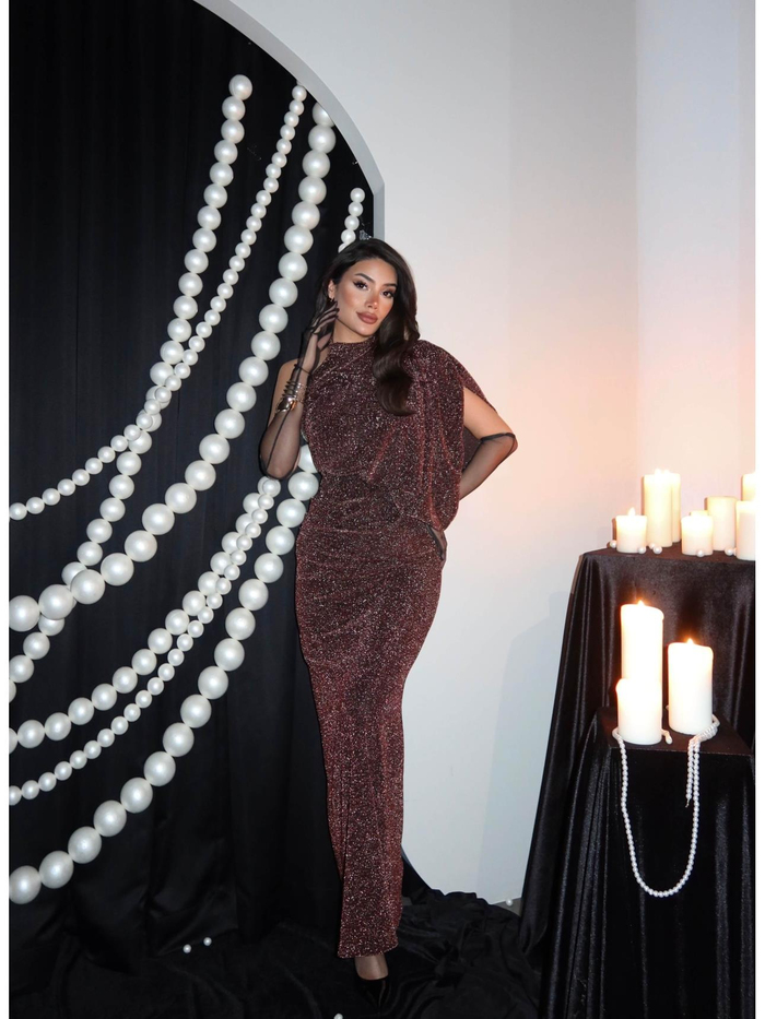 Tek Omuz Simli Uzun Elbise