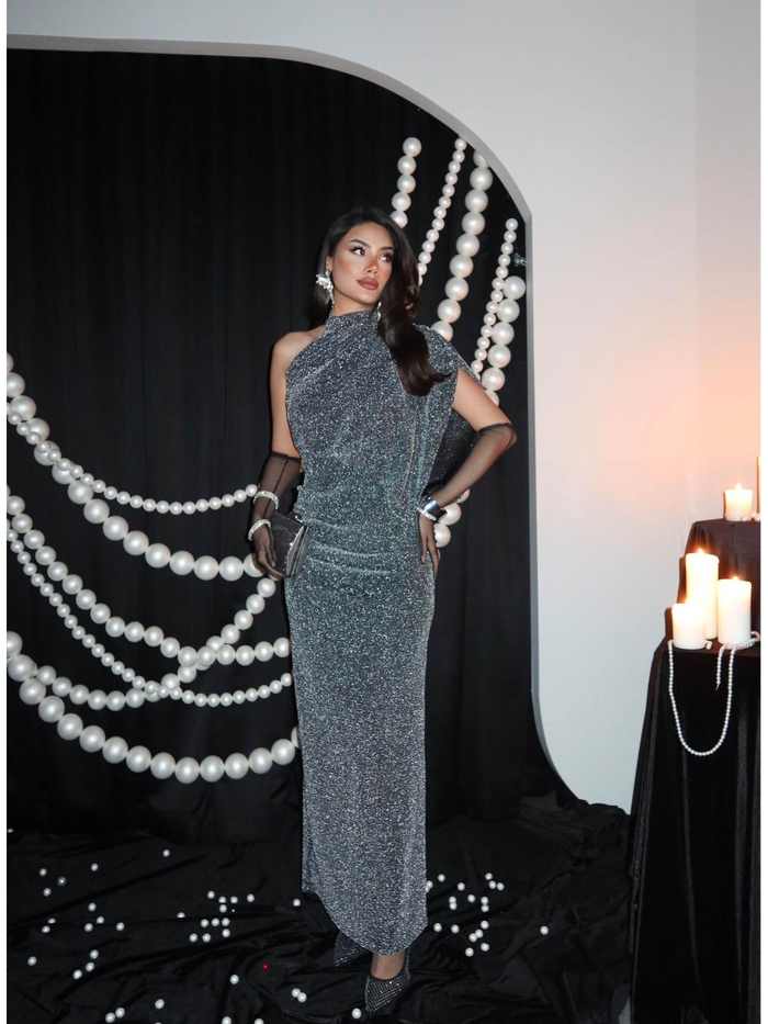 Tek Omuz Simli Uzun Elbise