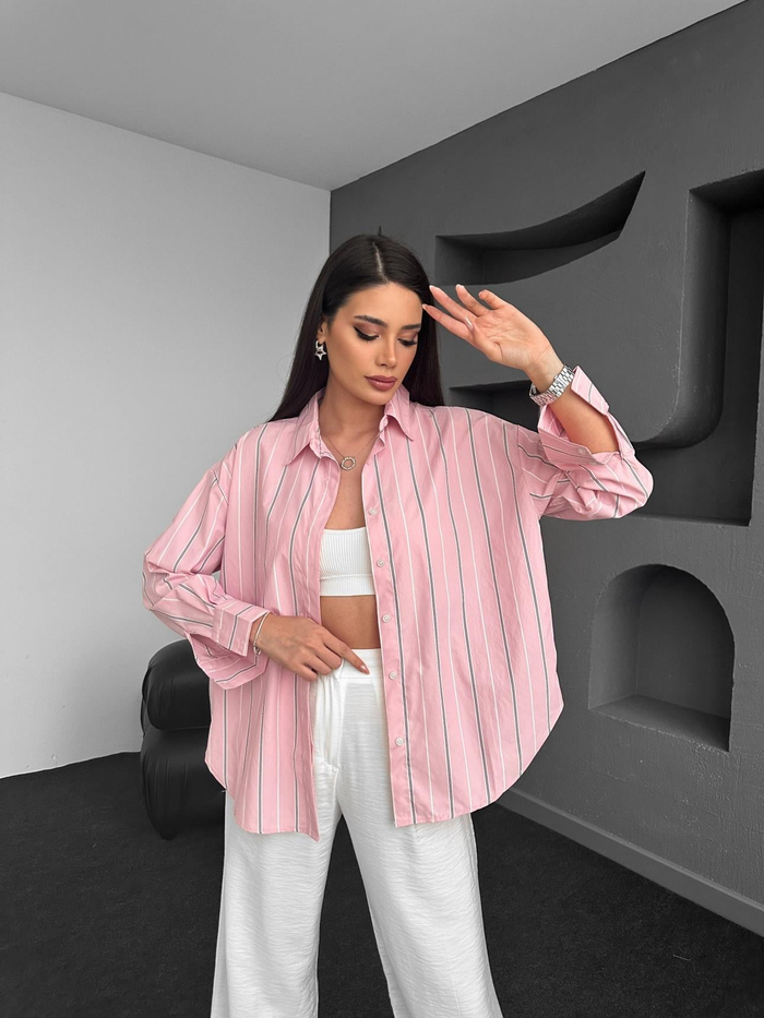 Toz Pembe Çizgili Oversize Gömlek