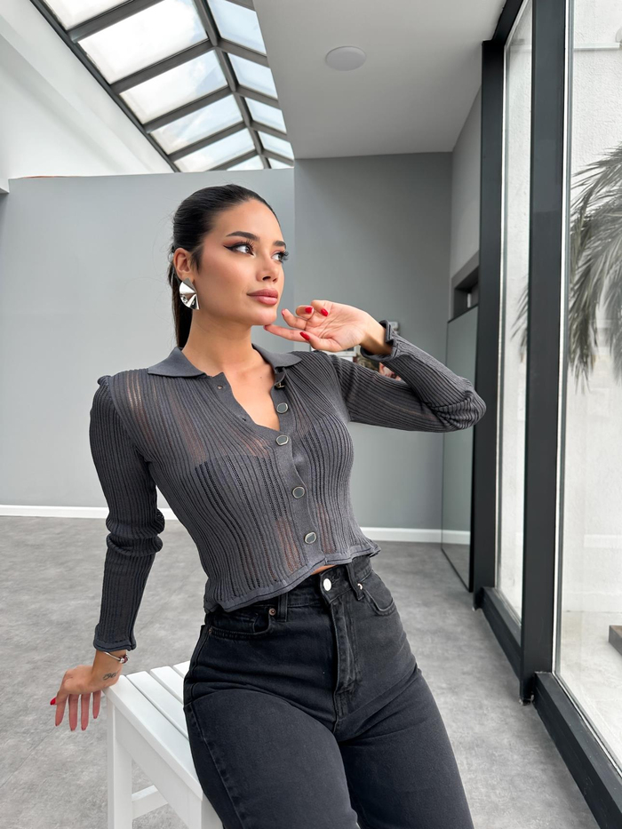 Transparan Polo Yaka Düğmeli Triko Hırka
