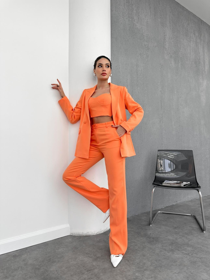 Turuncu Blazer Üçlü Takım