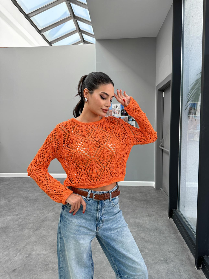 Turuncu Uzun Kollu Ajurlu Crop Triko