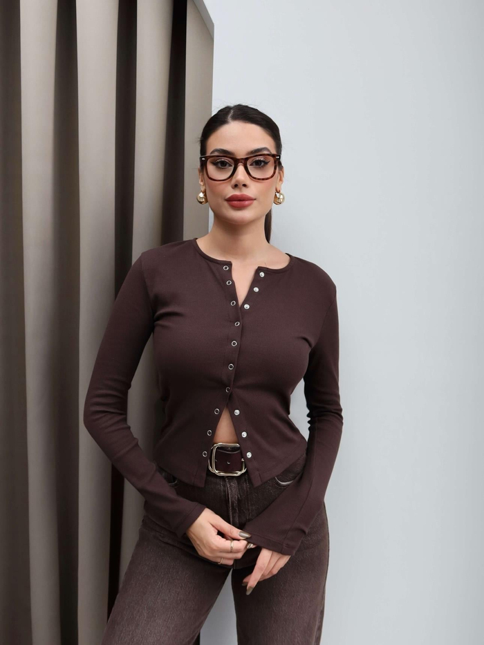 Uzun Kol Ön Çıtçıtlı Bluz