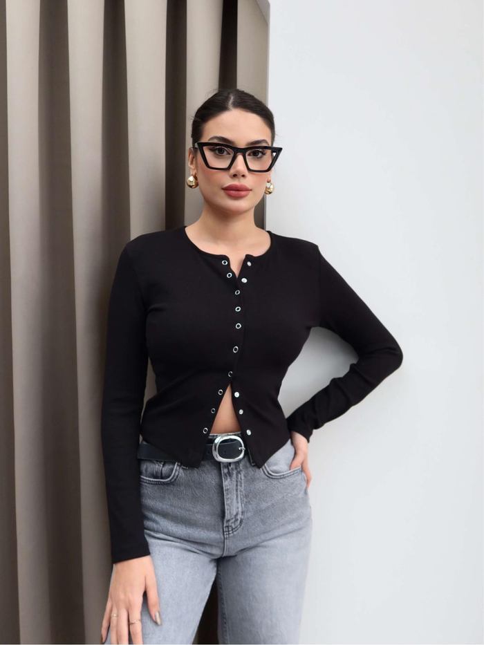 Uzun Kol Ön Çıtçıtlı Bluz