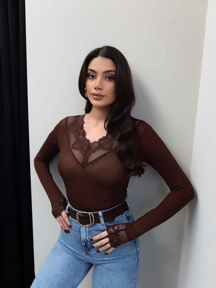 V Yaka Dantelli Transparan Bluz