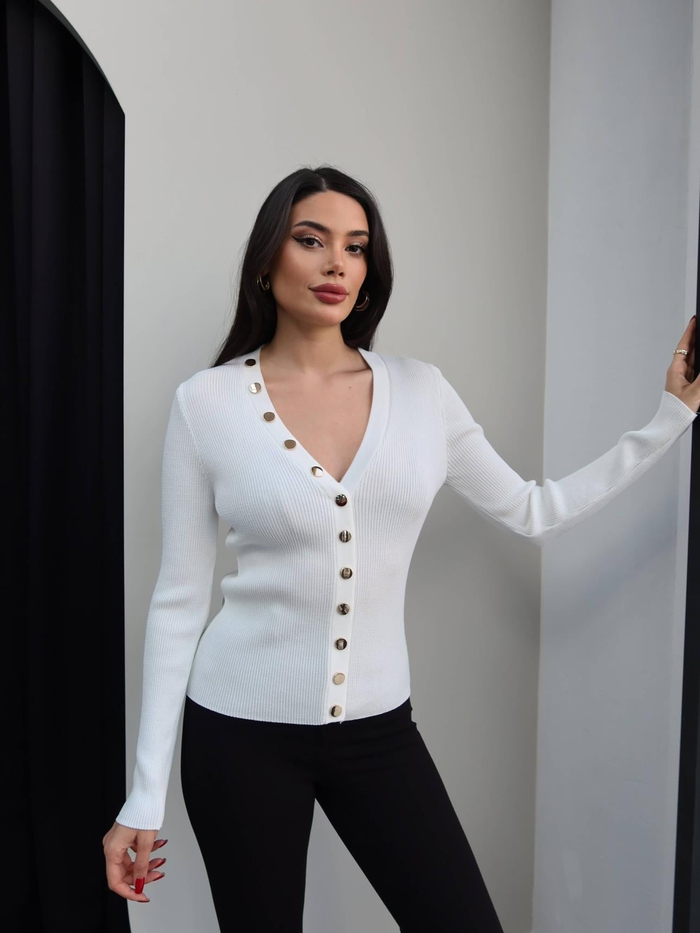 V Yaka Gold Düğmeli Hırka