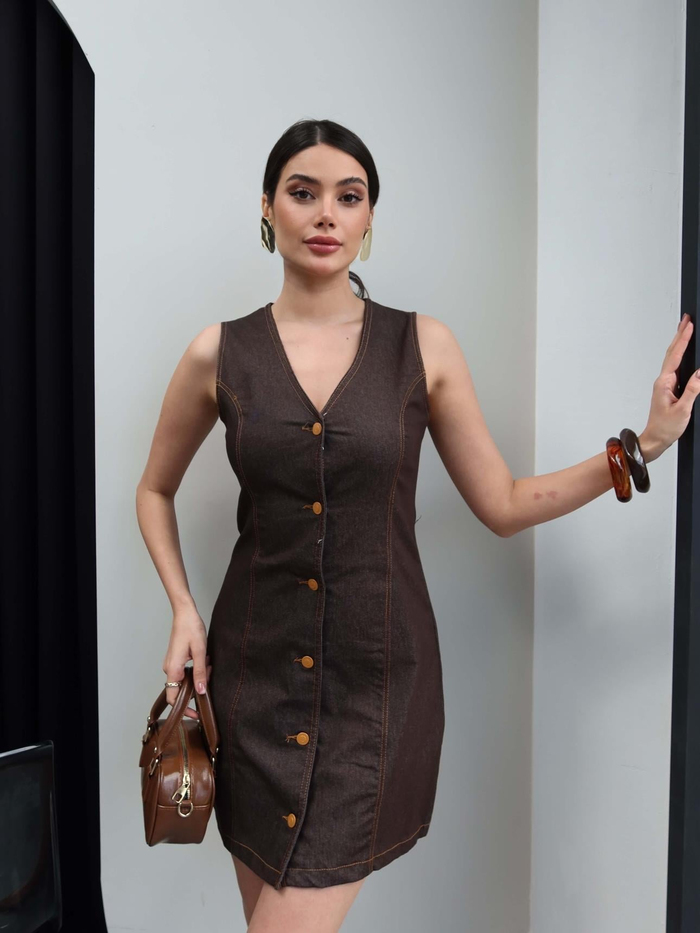 V Yaka Ön Düğmeli Denim Elbise