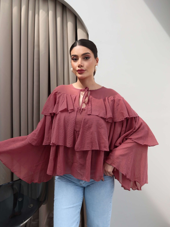 Volanlı Yaka Bağlamalı Bluz
