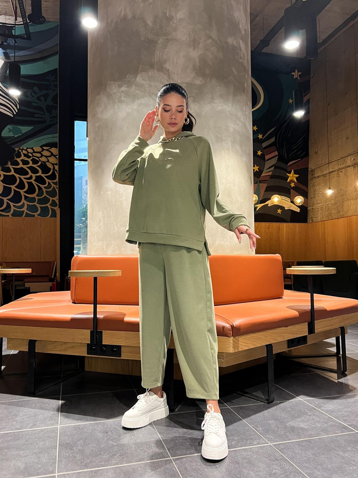 Yağ Yeşili Kapüşonlu Oversize Takım
