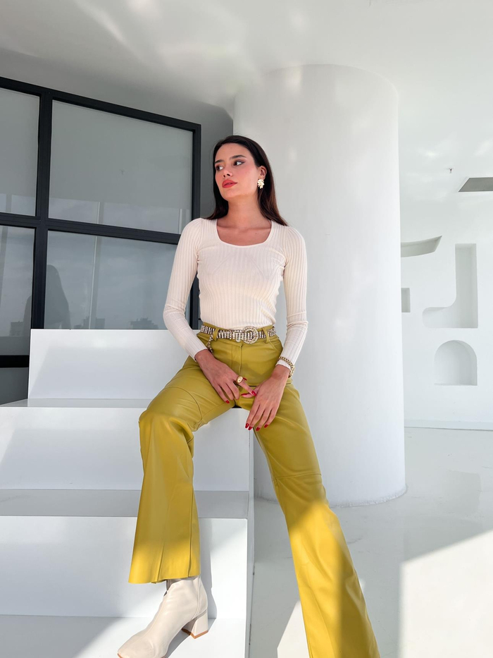 Yağ Yeşili Şardonlu Leather Pantolon