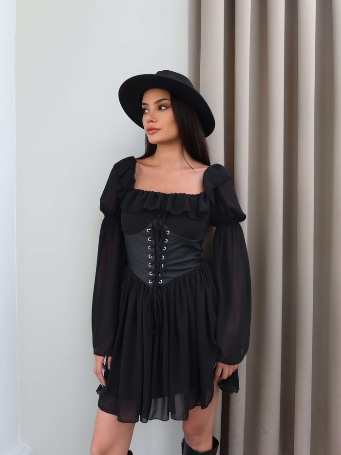 Yaka Fırfırlı Korseli Şifon Mini Elbise