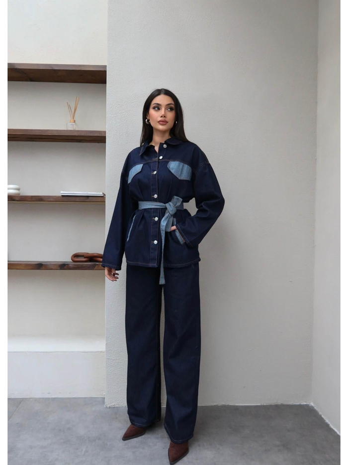 Yan Cepli Kuşaklı Denim Takım