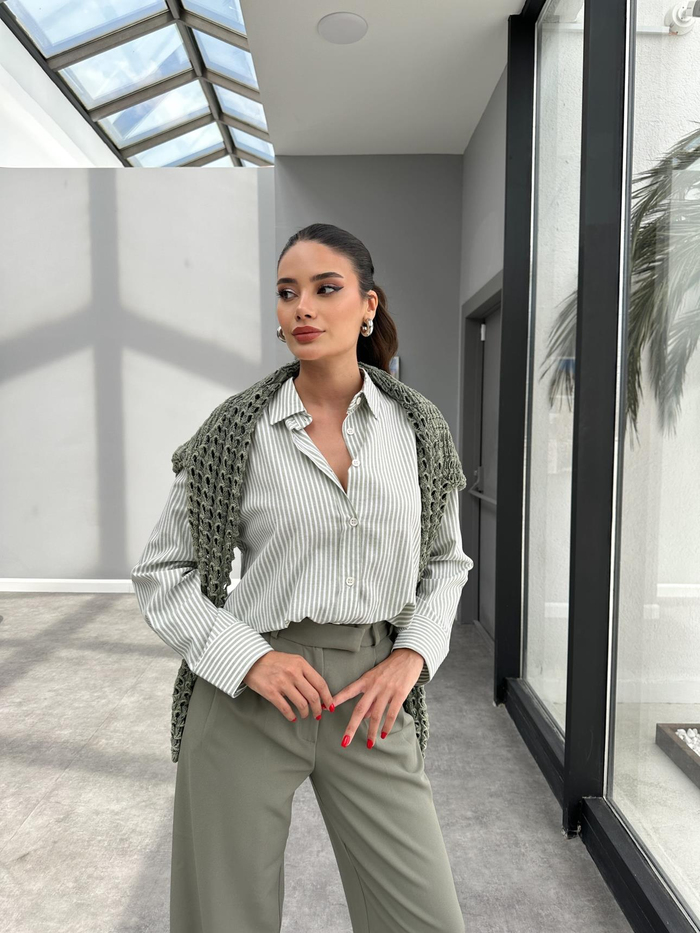 Yeşil Çizgili Oversize Gömlek