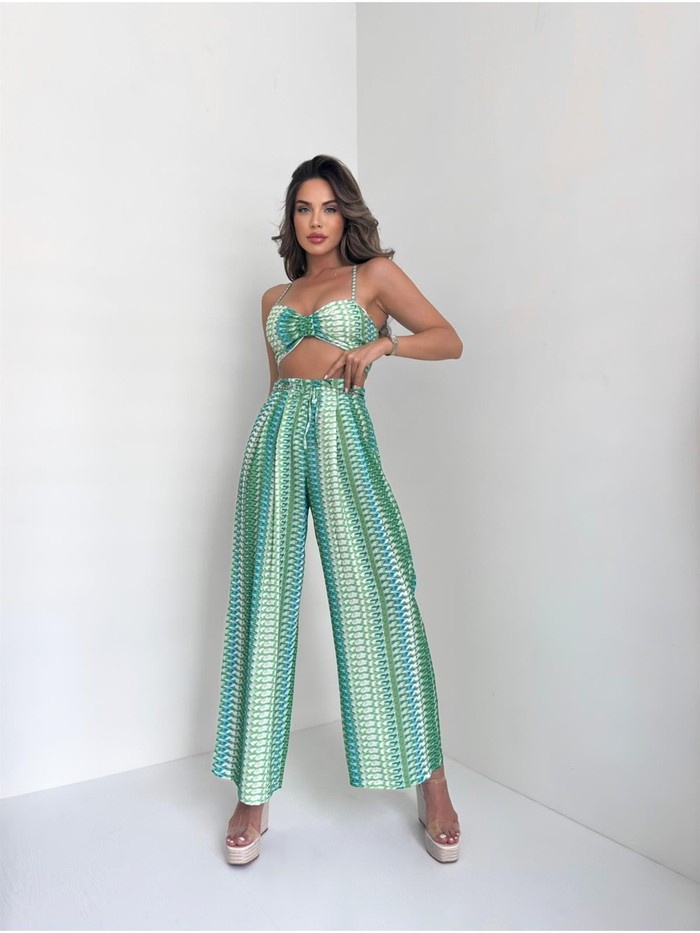 Yeşil Desenli Crop Takım