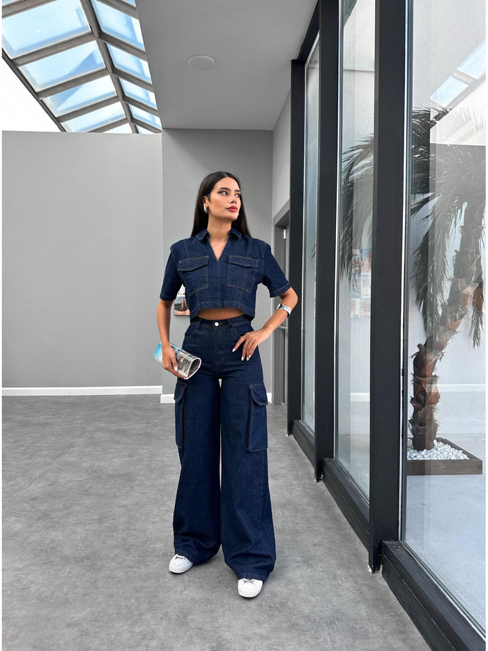 Yıkamalı Kargo Cep Denim Takım