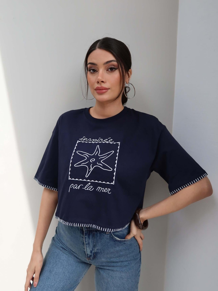 Yıldız Nakışlı Crop Tshirt