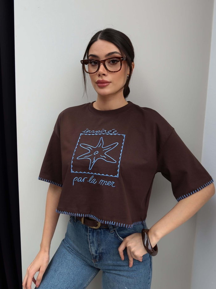 Yıldız Nakışlı Crop Tshirt