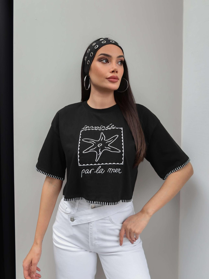Yıldız Nakışlı Crop Tshirt