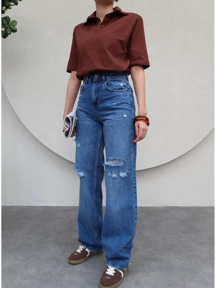 Yırtık Detaylı Geniş Paça Jean