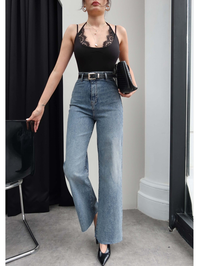 Yüksek Bel Kemerli Wide Leg Jean