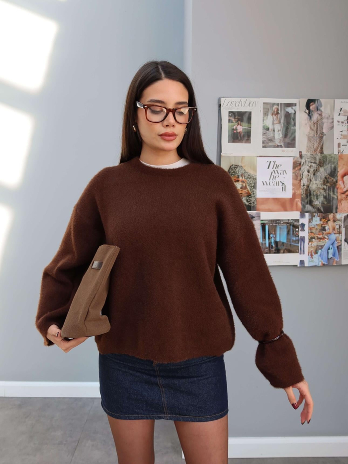 Acı Kahve Oversize Peluş Kazak