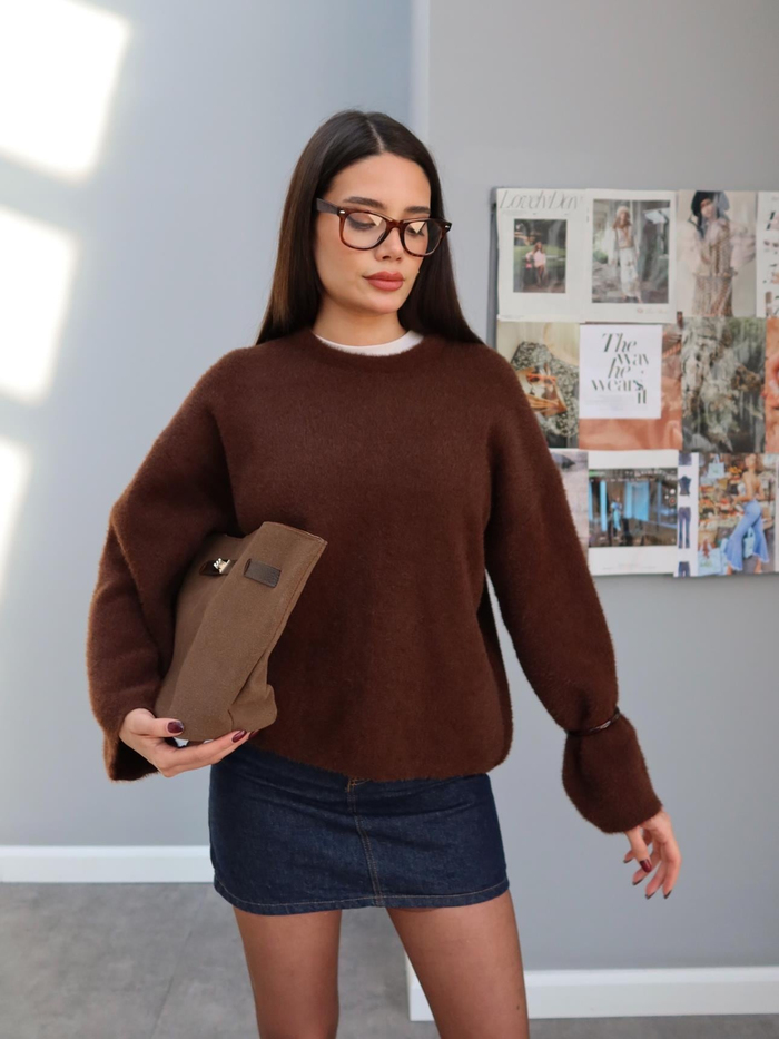 Acı Kahve Oversize Peluş Kazak