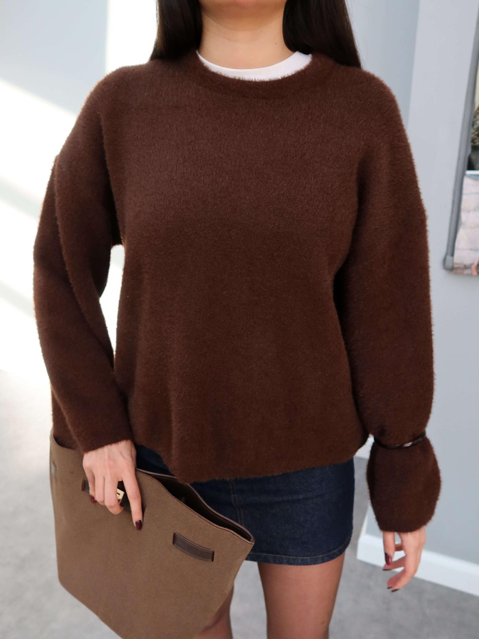 Acı Kahve Oversize Peluş Kazak