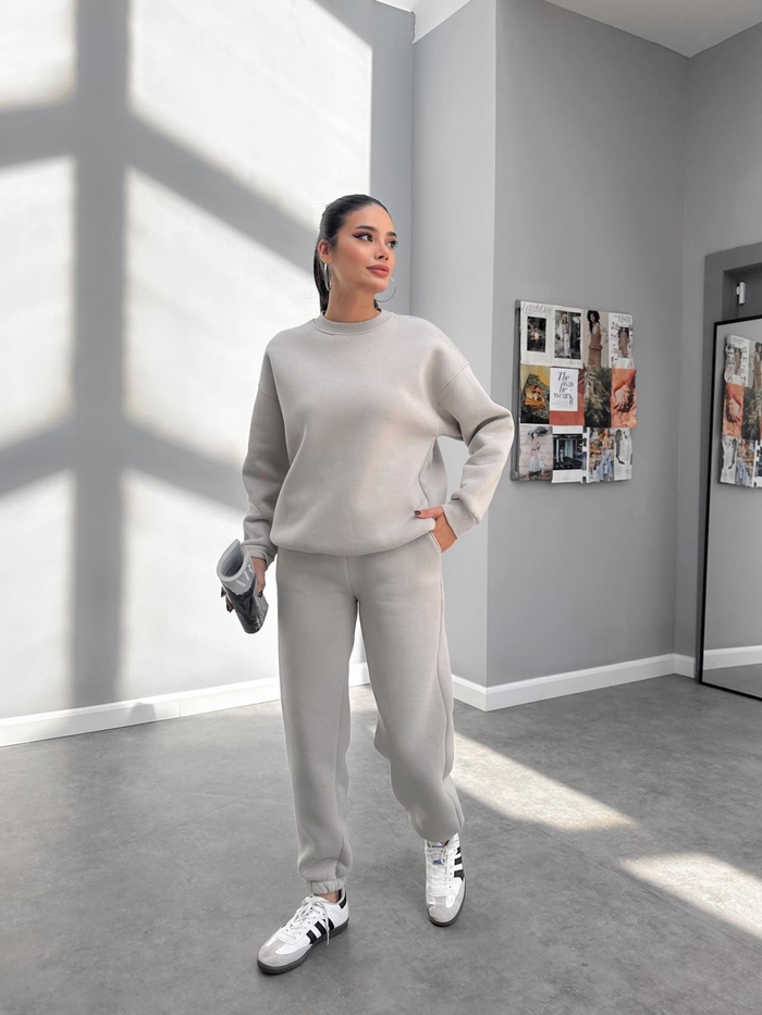 Açık Gri Basic Sweatshirt Takım